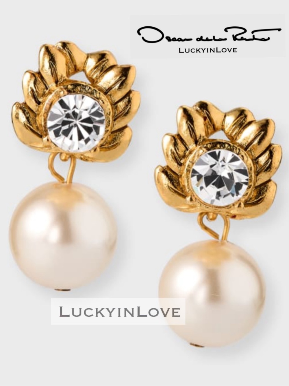 Oscar de la Renta • Laurel wreath Crystal Stud Faux Pearl drop earrings
